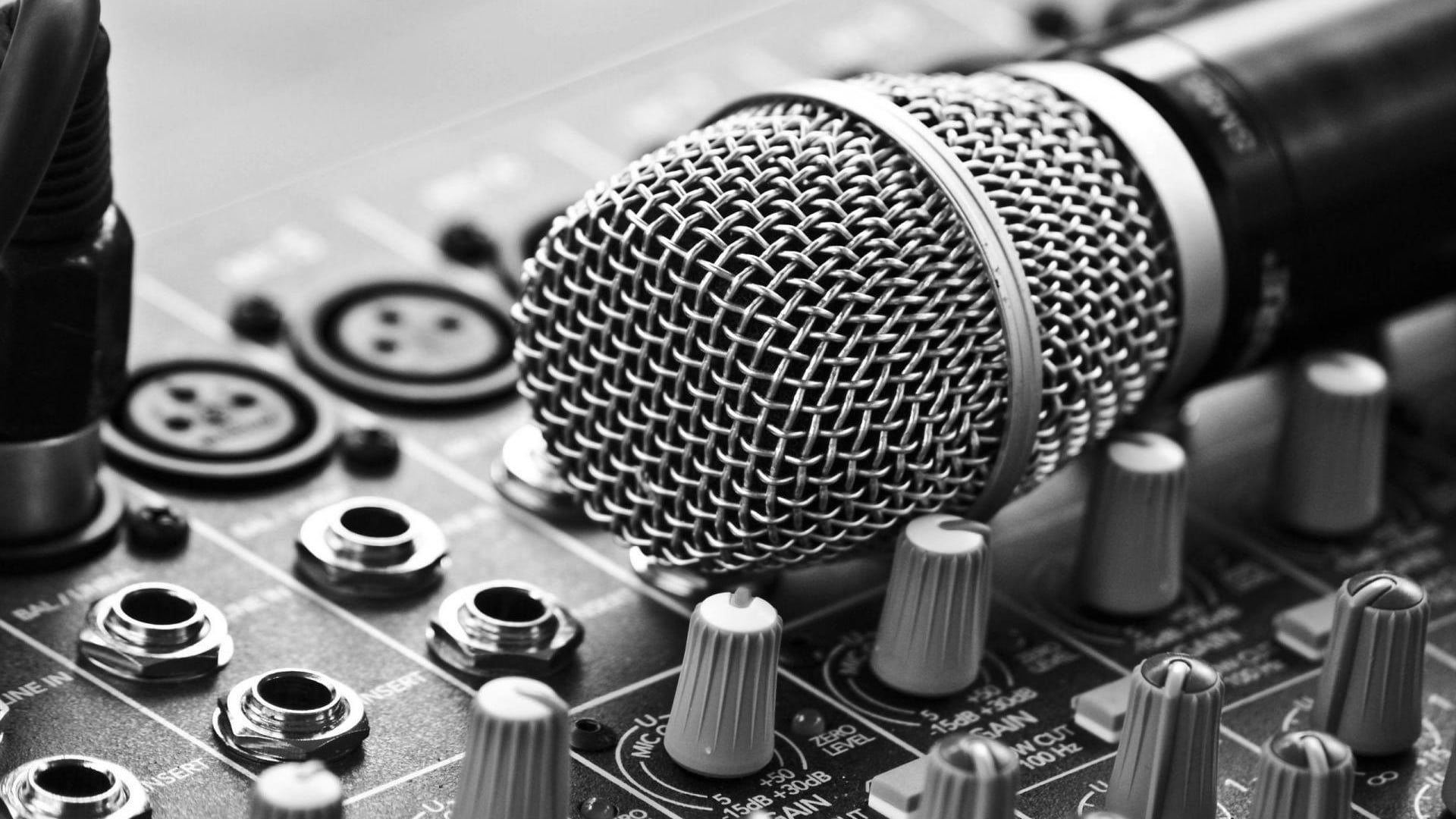 black and gray microphone and mixing console, monochrome, photography, closeup, microphone