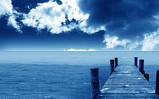 wooden dock under blue cloudy sky HD wallpaper