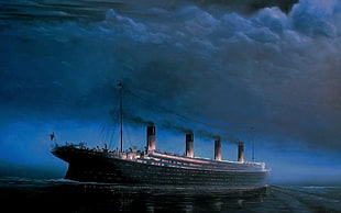 gray cruiser illustration, Titanic, sea, night, clouds HD wallpaper