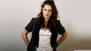 Kristen Stewart wearing black shirt and white tank top HD wallpaper