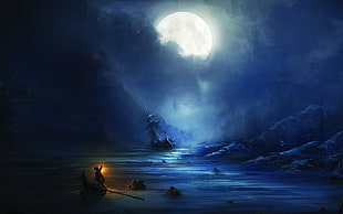 painting of full moon, artwork, concept art, boat, ship HD wallpaper
