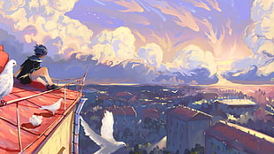 man on top of the roof painting, artwork, illustration, sunset, digital art