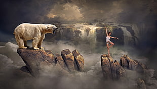 photo of a woman in white tank top doing yoga on top of large rock formations with polar bear infront painting HD wallpaper