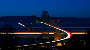 gray and red bridge, cityscape, architecture, bridge, night HD wallpaper