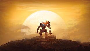 robot beside person on mountain under sunset HD wallpaper