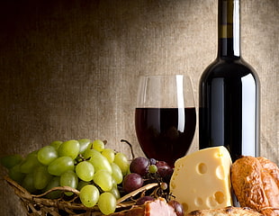 wine bottle with grapes, cheese and bread wallpaper HD wallpaper