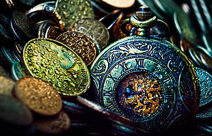 closeup photo of mechanical pocket watch and coins HD wallpaper
