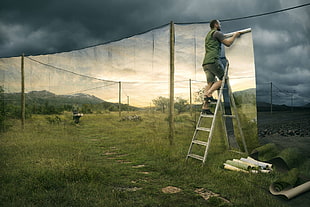 silver A-frame ladder, nature, landscape, Photoshop, digital art