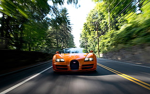 yellow and black Ford Mustang, Bugatti Veyron Grand Sport Vitesse, car, road, motion blur