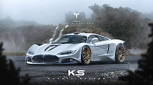 gray luxury car with text overlay, artwork, Khyzyl Saleem, Tesla Motors HD wallpaper
