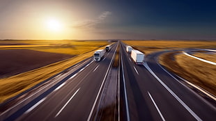 brown and black wooden table, trucks, road, motion blur HD wallpaper