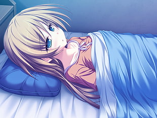 blonde haired female anime character lying on bed HD wallpaper