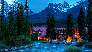 green pine trees, landscape, snowy peak, house, mountains