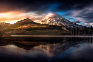 brown mountain near body of water, mountains, lake, sunset, trees