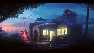 gray wooden house, gas stations, night, anime HD wallpaper