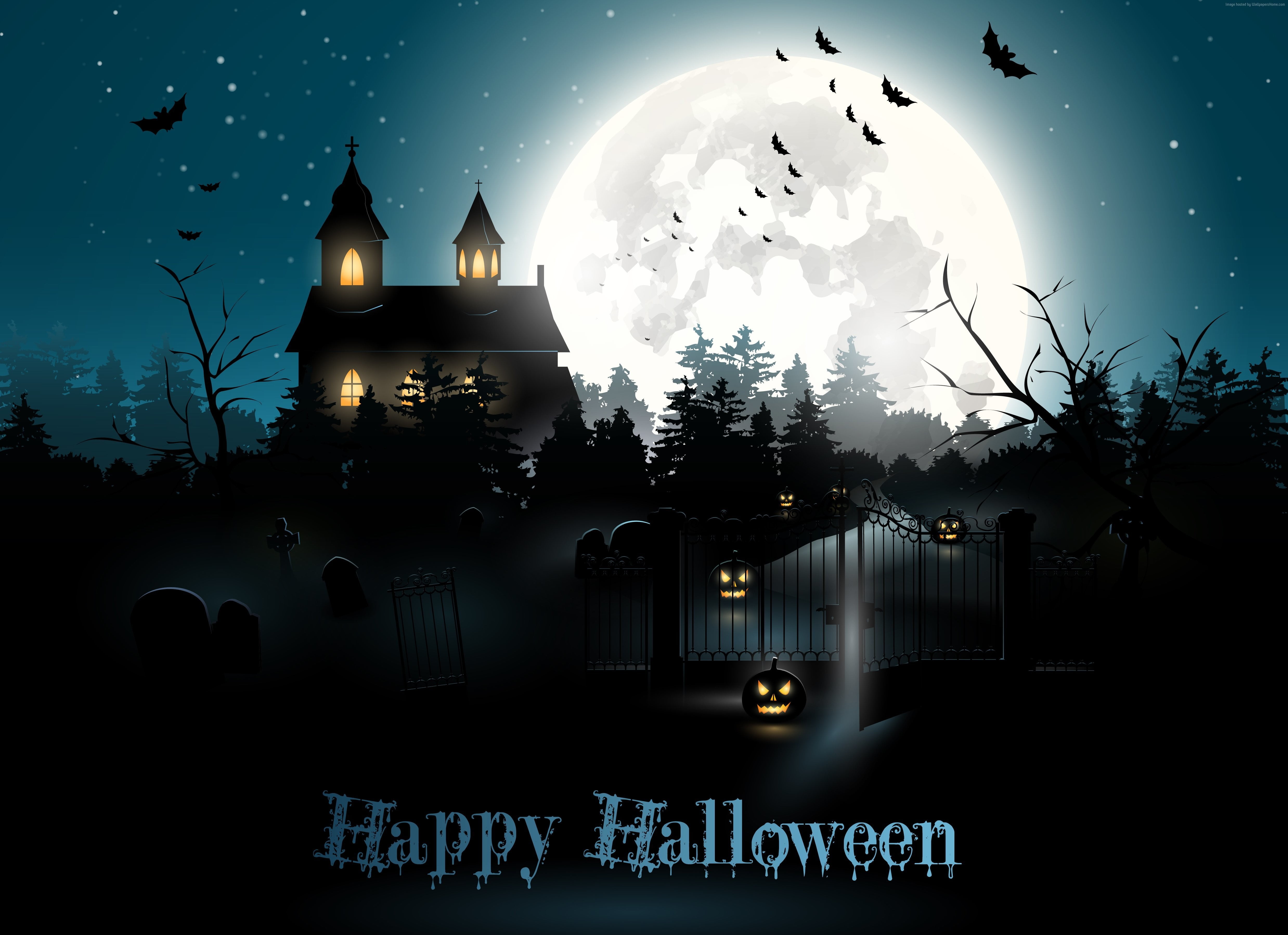 silhouette of Happy Halloween house during nighttime digital wallpaper