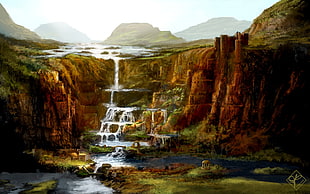 waterfall terraces illustration, fantasy art, waterfall HD wallpaper