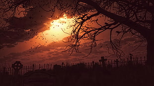 silhouette of tombstone during golden hour HD wallpaper
