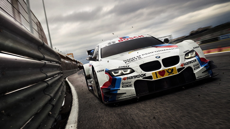 Shutter Speed photography of white BMW racing car HD wallpaper
