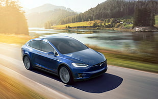 blue 5-door hatchback, Tesla Model X, car, road, motion blur HD wallpaper
