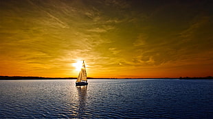 white and black sailboat, sea, sunset, boat, sunlight HD wallpaper