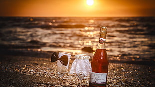 white labeled clear glass bottle, wine, drink, sea, bowtie HD wallpaper