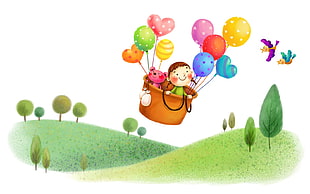 girl with pink bear cub holding balloons illustration