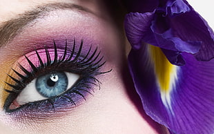 purple bell flower near woman's face with smoky purple eyeshadow HD wallpaper
