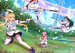 four female anime graphic wallpaper HD wallpaper