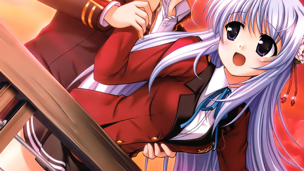 female anime character in blue long hair and red uniform HD wallpaper