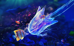 jellyfish, fantasy art, digital art, underwater, bubbles HD wallpaper