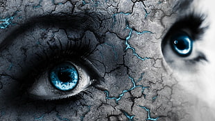 person's eyes, blue eyes, selective coloring, eyes, digital art