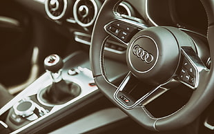 closeup photo of audi steering wheel with automatic shift gear lever HD wallpaper