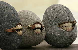 three grey stone fragments, rock, stone, humor, minimalism HD wallpaper