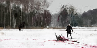 painting of horned monster silhouette in forest behind man beside animal carcass HD wallpaper