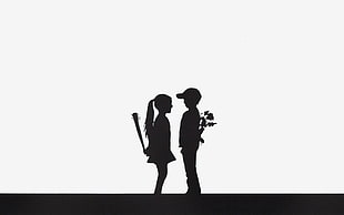 silhouette of boy and girl holding things illustration HD wallpaper