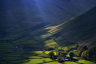 aerial photoghraphy of plains, sun rays, farm, mountains, landscape