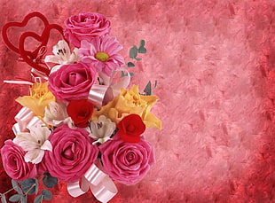 pink-white-and-yellow flower arrangement HD wallpaper