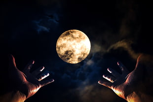 two round silver-colored coins, hands, dark, Moon HD wallpaper