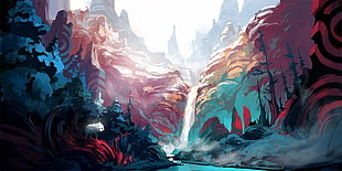painting of water falls and cliff, Duelyst HD wallpaper