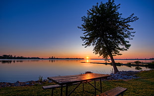 photo of rectangular brown picnic table near lake during sunset HD wallpaper