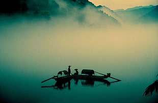 silhouette of persons on canoes, nature, water, canoes