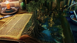 opened book with trees and houses painting, digital art, fantasy art, books, candles HD wallpaper