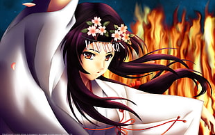 purple haired anime girl wearing white Shrine Maiden kimono painting HD wallpaper