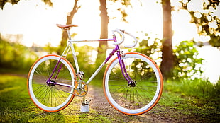 selective focus photography of white and purple road bike on pathway during daytime HD wallpaper