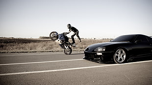 black sports coupe and blue and white sports bike, car, motorcycle, Supra HD wallpaper
