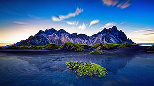 mountain surrounded with body of water, Iceland, water, long exposure, mountain top HD wallpaper