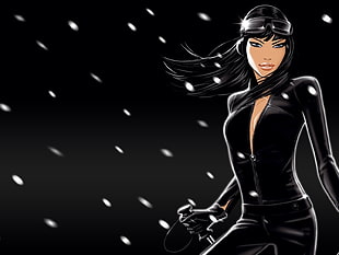 black haired woman i black suit and black helmet character HD wallpaper