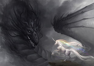 unicorn and dragon digital illustration, dragon, unicorns HD wallpaper
