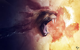 brown lion digital wallpaper, artwork, fantasy art, abstract, space